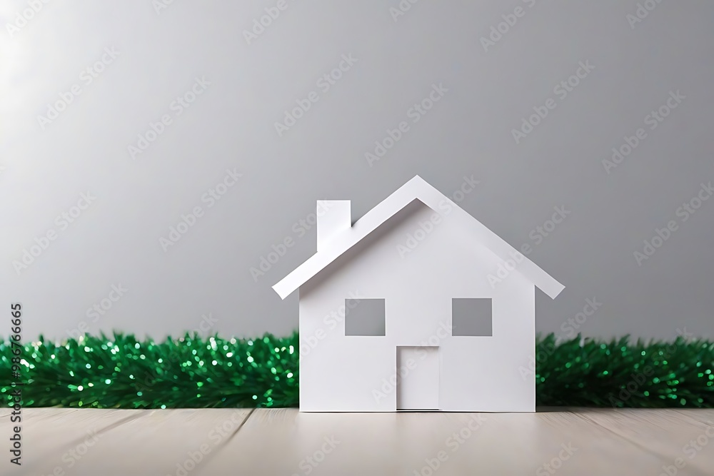 Minimalist paper house model on a festive green backdrop Minimalist paper house model on a festive green backdrop