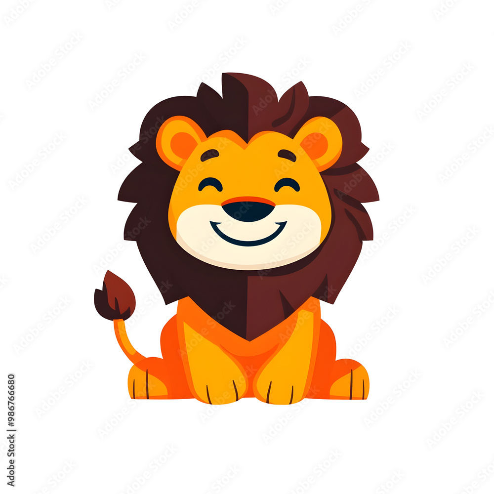 Obraz premium Adorable Cartoon Lion Character in Cheerful Flat Design with Friendly Expression and Dynamic Composition