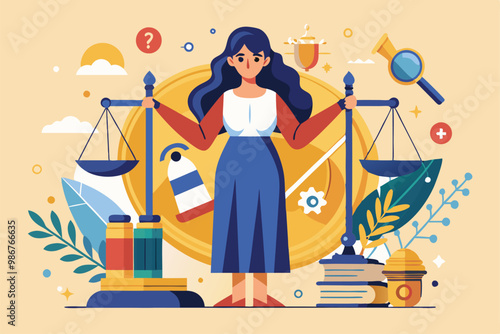 A female figure holds scale symbols of justice surrounded by elements related to law and order, Customizable flat illustration of justice.