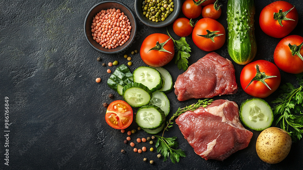 Various vegetables and pork, ingredients for making steak on black stone background Various vegetables and pork, ingredients for making steak on black stone background