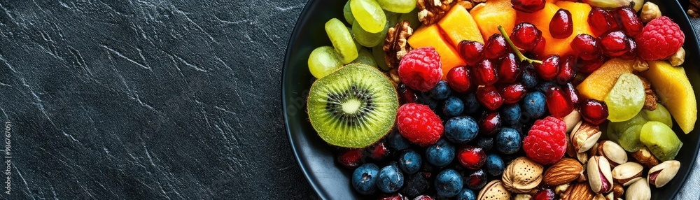 A vibrant assortment of fresh fruits and nuts arranged in a bowl, showcasing colorful and healthy options for a delightful snack. A vibrant assortment of fresh fruits and nuts arranged in a bowl, showcasing colorful and healthy options for a delightful snack.
