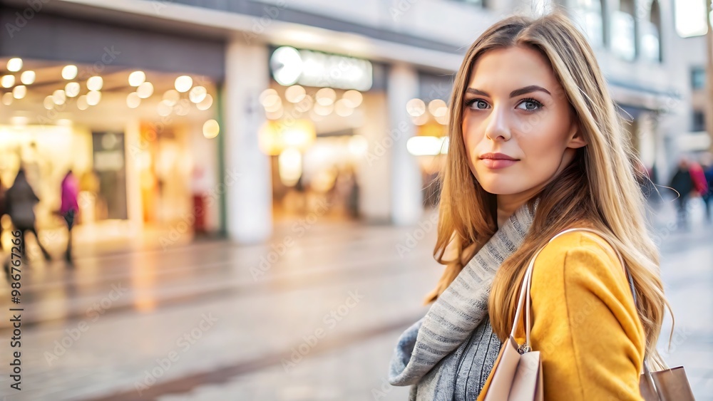 Stylish woman enjoying a vibrant urban shopping scene Stylish woman enjoying a vibrant urban shopping scene