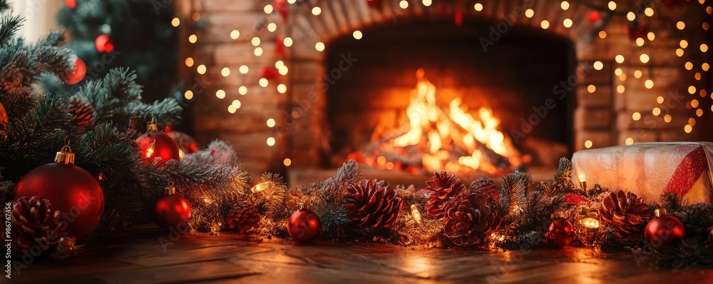 Cozy holiday scene with a glowing fireplace, decorated tree, and festive ornaments, creating a warm Christmas atmosphere. Cozy holiday scene with a glowing fireplace, decorated tree, and festive ornaments, creating a warm Christmas atmosphere.
