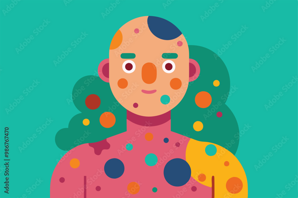 A bald figure with various colorful spots representing melanoma on their skin, Customizable flat illustration of melanoma. A bald figure with various colorful spots representing melanoma on their skin, Customizable flat illustration of melanoma.