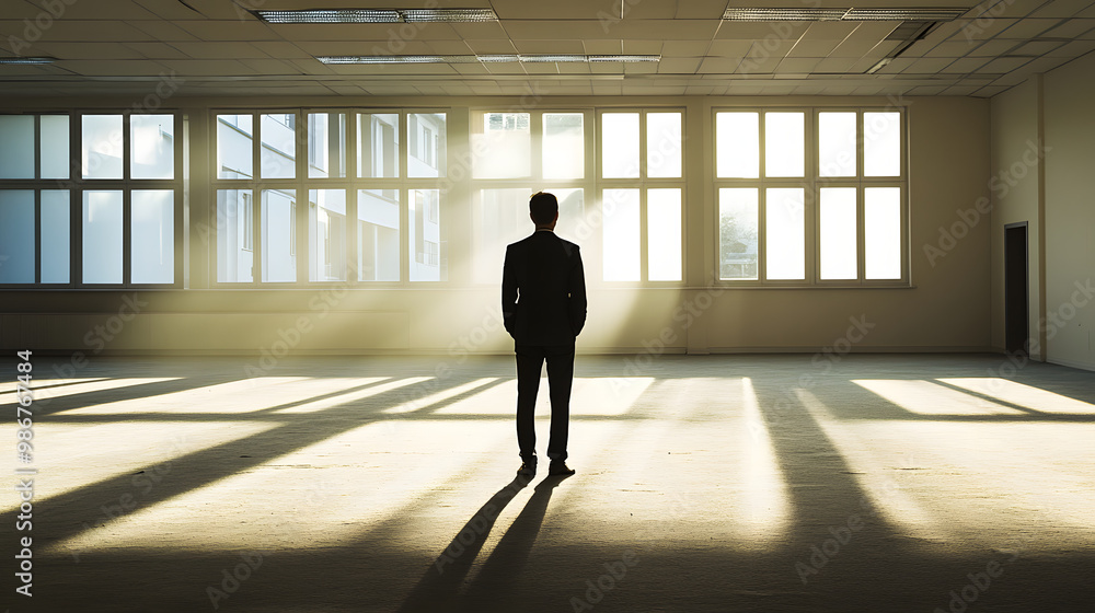 Businessman standing alone in an empty office, reflecting on closure, void of furniture, sunlight streaming through windows, capturing poignant moment of transition and loss Businessman standing alone in an empty office, reflecting on closure, void of furniture, sunlight streaming through windows, capturing poignant moment of transition and loss