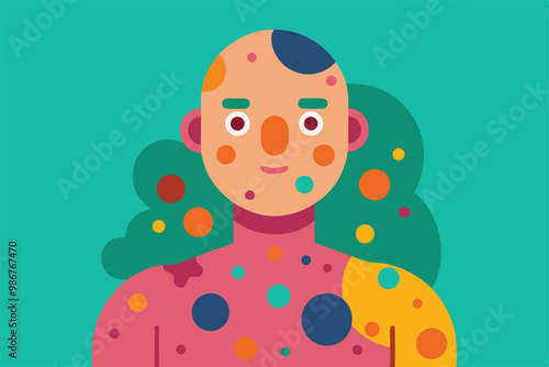 A bald figure with various colorful spots representing melanoma on their skin, Customizable flat illustration of melanoma.
