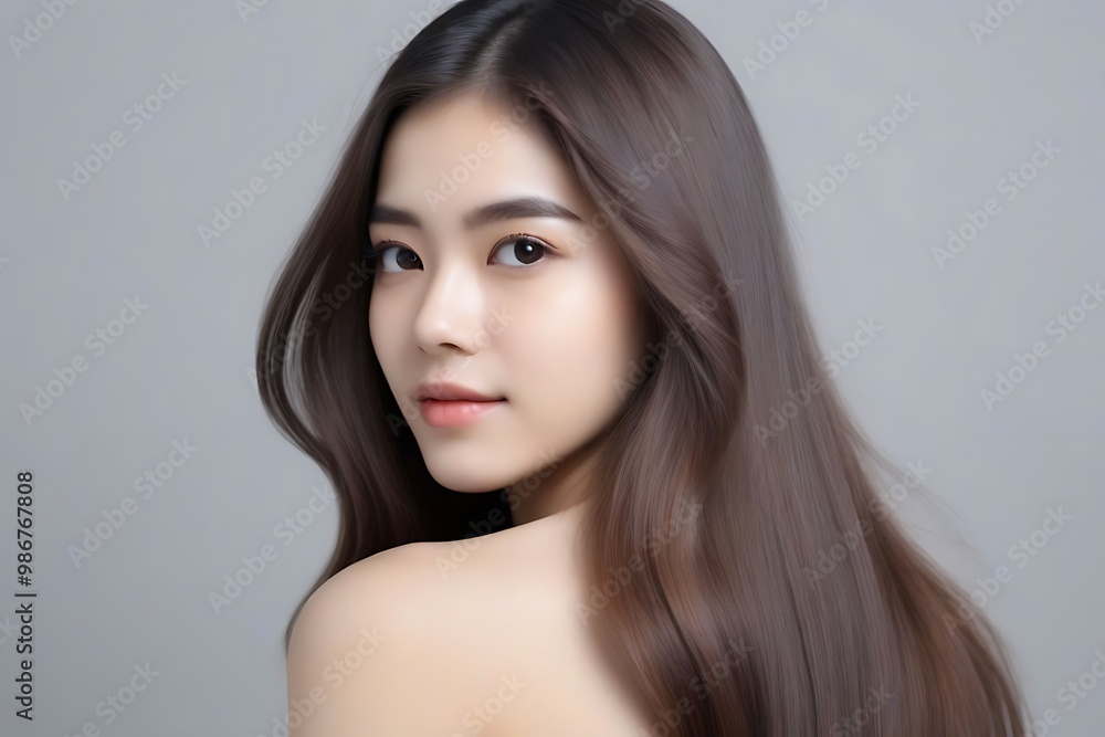 Portrait of a young woman with flowing hair and a soft gaze Portrait of a young woman with flowing hair and a soft gaze