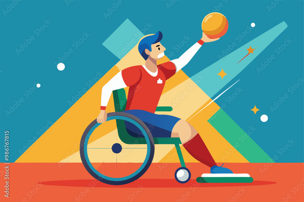 A wheelchair athlete launches a bocce ball in a colorful environment, showcasing adaptive sports, Customizable flat illustration of Paralympic boccia A wheelchair athlete launches a bocce ball in a colorful environment, showcasing adaptive sports, Customizable flat illustration of Paralympic boccia