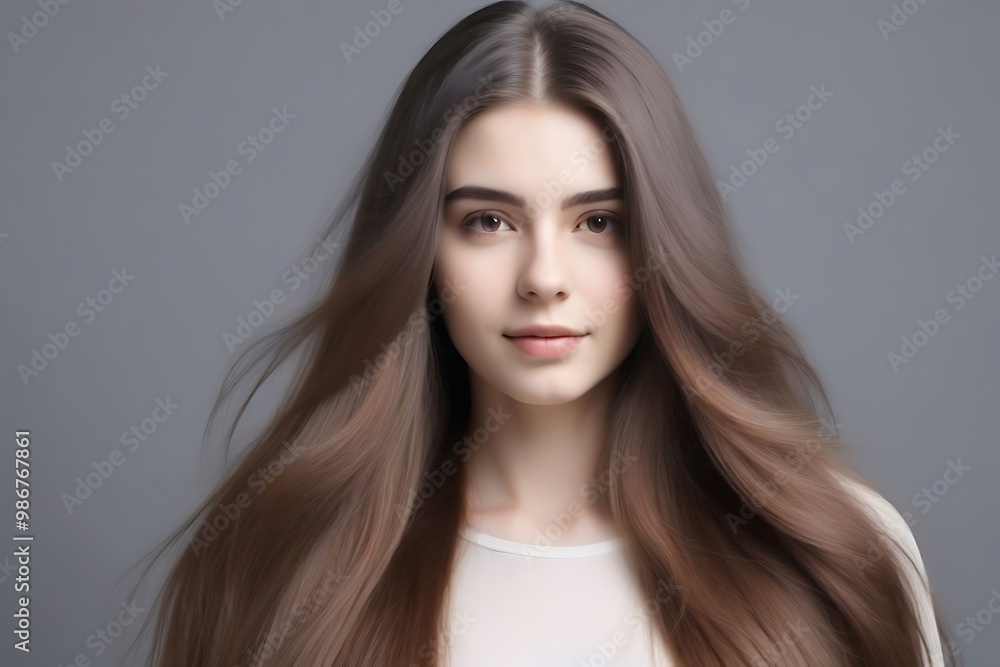 Portrait of a young woman with flowing hair and a serene expression Portrait of a young woman with flowing hair and a serene expression