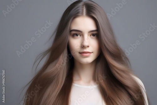 Portrait of a young woman with flowing hair and a serene expression