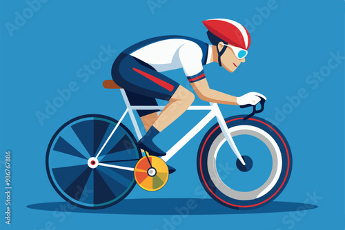 A paralympic cyclist pedals swiftly on a sleek bicycle against a solid blue background, Customizable flat illustration of Paralympic cycling