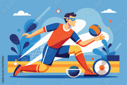 A dynamic paralympic goalball player prepares to throw the ball with skill and focus on the court, Customizable flat illustration of Paralympic goalball.