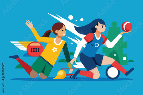 Athletes take part in Paralympic goalball, showcasing teamwork and athleticism in a vibrant setting, Customizable flat illustration of Paralympic goalball.