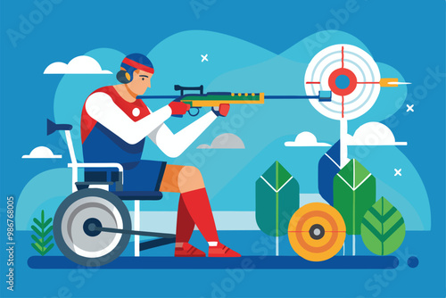 A Paralympic athlete aims a rifle while seated in a wheelchair, focusing on targets outdoors, Customizable flat illustration of Paralympic shooting.