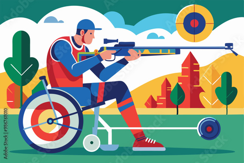 A disabled athlete aims for the target while shooting from a wheelchair on a sunny day outdoors, Customizable flat illustration of Paralympic shooting.