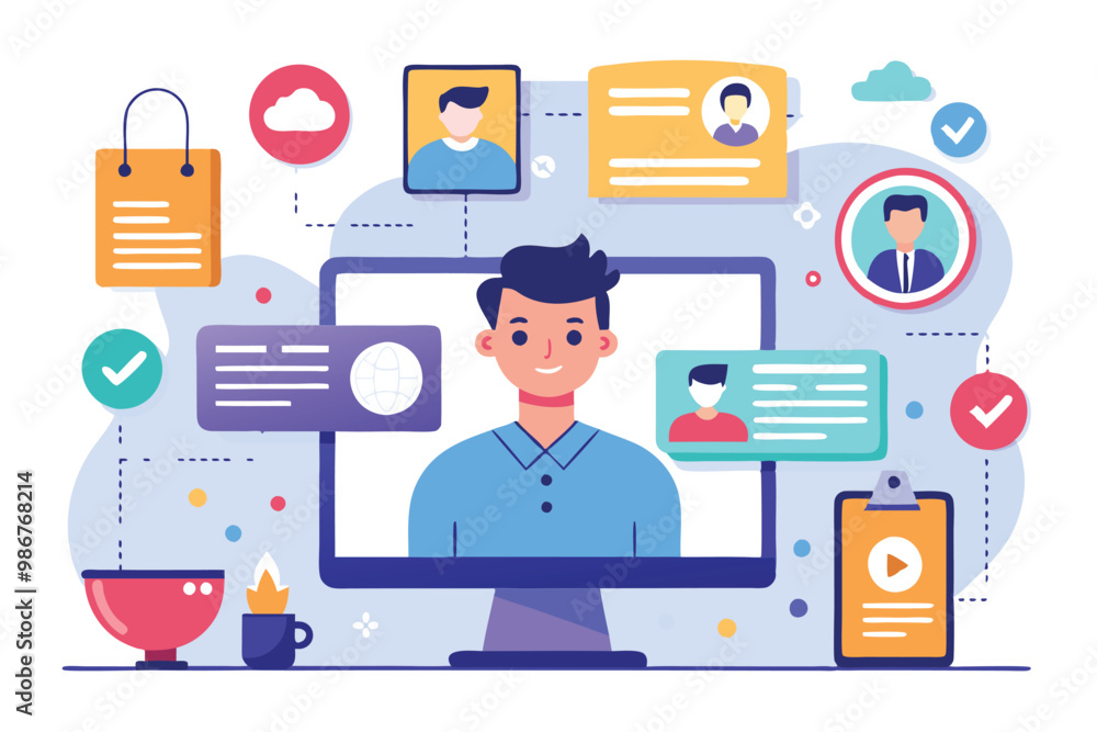 A colorful graphic displaying personal data management tools and user profiles on a computer interface, Customizable flat illustration of personal data. A colorful graphic displaying personal data management tools and user profiles on a computer interface, Customizable flat illustration of personal data.