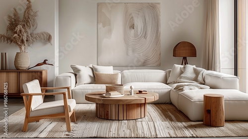 Scandinavian-inspired living room with a modular sofa, round natural wood coffee table, and minimalist chairs in neutral tones.