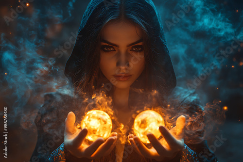 A beautiful witch holding fireballs in her hands, fantasy, dark atmosphere