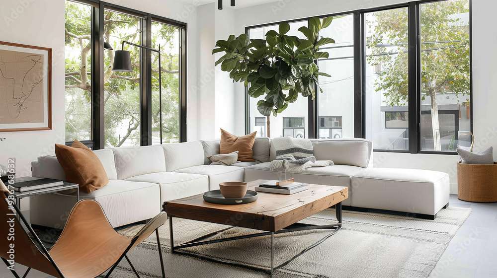 Scandinavian living room with a floating sectional sofa, minimalist wooden coffee table, and sleek metal-framed chairs. Scandinavian living room with a floating sectional sofa, minimalist wooden coffee table, and sleek metal-framed chairs.