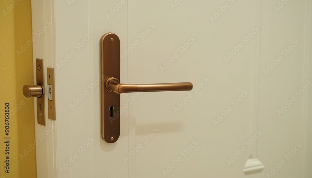 Obraz premium close up of modern gold door handle on white door in sunny room in modern turnkey apartment 18