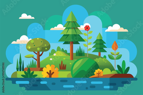 Colorful illustration showcases various trees, plants, and flowers thriving in a reforested area, Customizable flat illustration of reforestation.