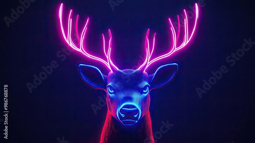 A vibrant neon deer head with glowing antlers, showcasing modern artistic design and colorful illumination. photo