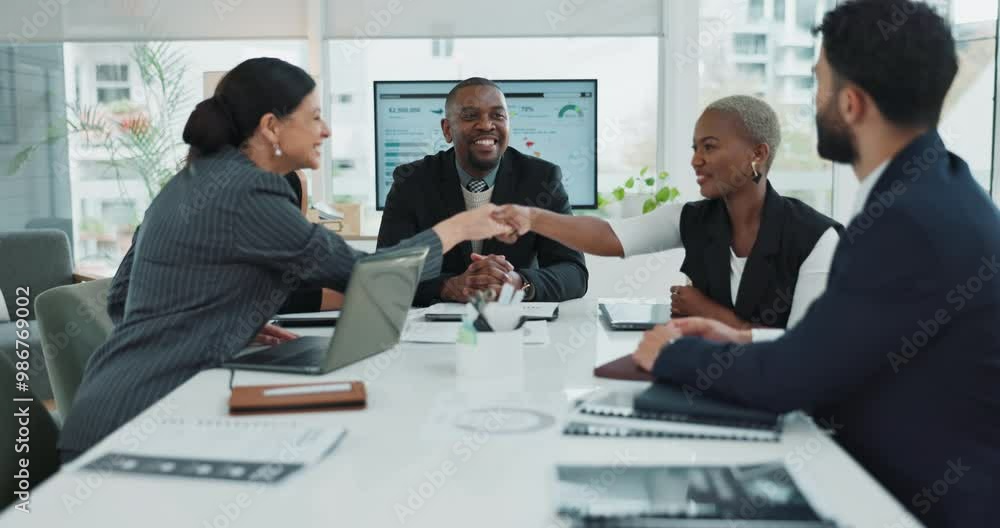 Deal, meeting and group of business people shaking hands for collaboration, negotiation or introduction in office. Men, women and handshake for b2b agreement, acquisition or success with team support Deal, meeting and group of business people shaking hands for collaboration, negotiation or introduction in office. Men, women and handshake for b2b agreement, acquisition or success with team support