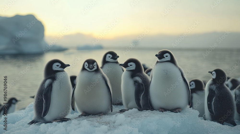 Obraz premium Cute Penguin Chicks on Iceberg in Antarctica