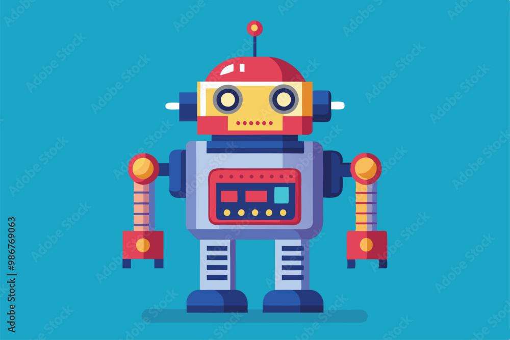 A vibrant flat illustration depicting a retro-styled robot with distinct features and a playful appearance, Customizable flat illustration of robotics. A vibrant flat illustration depicting a retro-styled robot with distinct features and a playful appearance, Customizable flat illustration of robotics.