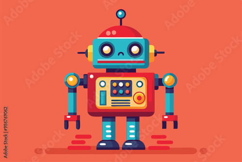A cheerful robot stands with a simple control panel on its chest, ready for customization and creativity, Customizable flat illustration of robotics.