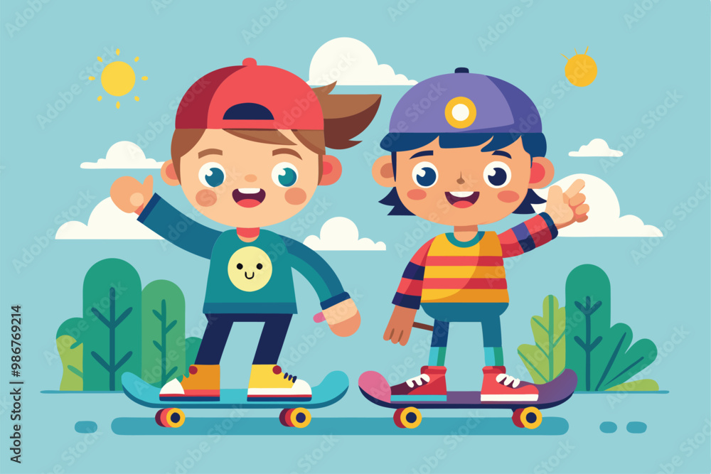 Fototapeta premium Two friends skateboarding together in a park under a bright sun, showcasing their playful spirit, Customizable flat illustration of skate buddies.