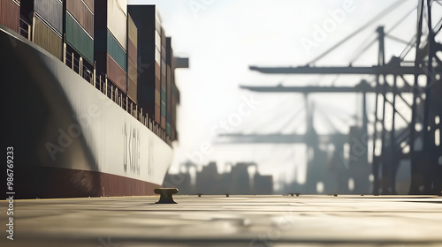 Large cargo ship docked at empty port with stacked containers and idle cranes, symbolizing port strike and industrial tension.