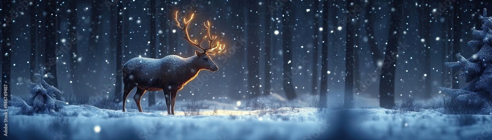 A majestic deer stands gracefully in a snowy forest, surrounded by gently falling snowflakes, creating a serene winter scene. A majestic deer stands gracefully in a snowy forest, surrounded by gently falling snowflakes, creating a serene winter scene.