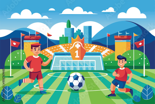 Two players engage in a lively soccer match on a colorful field surrounded by mountains and a stadium, Customizable flat illustration of soccer