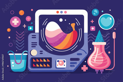This artwork features a bright illustration of an ultrasound machine displaying a sonographic image of a fetus, Customizable flat illustration of sonography