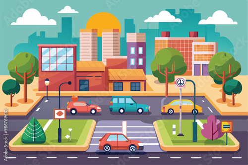 A vibrant street park features cars in motion, trees, and modern buildings under a setting sun, Customizable flat illustration of street paid parking.