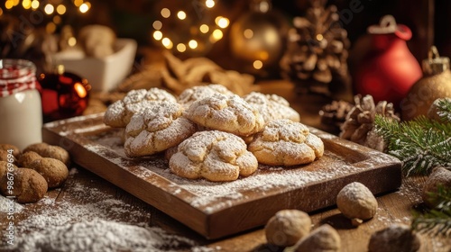 Delicious homemade cookies dusted with powdered sugar, perfect for holiday celebrations with festive decorations in the background.