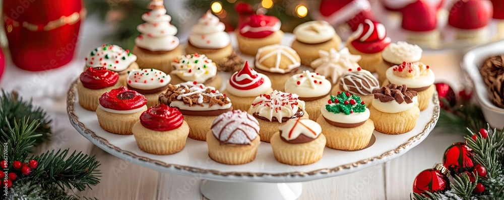 Naklejka premium A festive display of beautifully decorated cupcakes, perfect for holiday celebrations and sweet events.