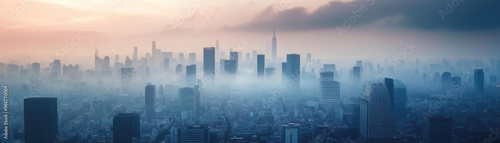 Obraz premium Stunning panoramic view of a city skyline shrouded in mist, highlighting the contrast of modern architecture and soft pastel sky.