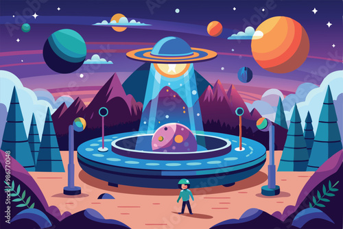 A whimsical landscape features a teleportation platform surrounded by colorful planets and trees, Customizable flat illustration of teleportation.