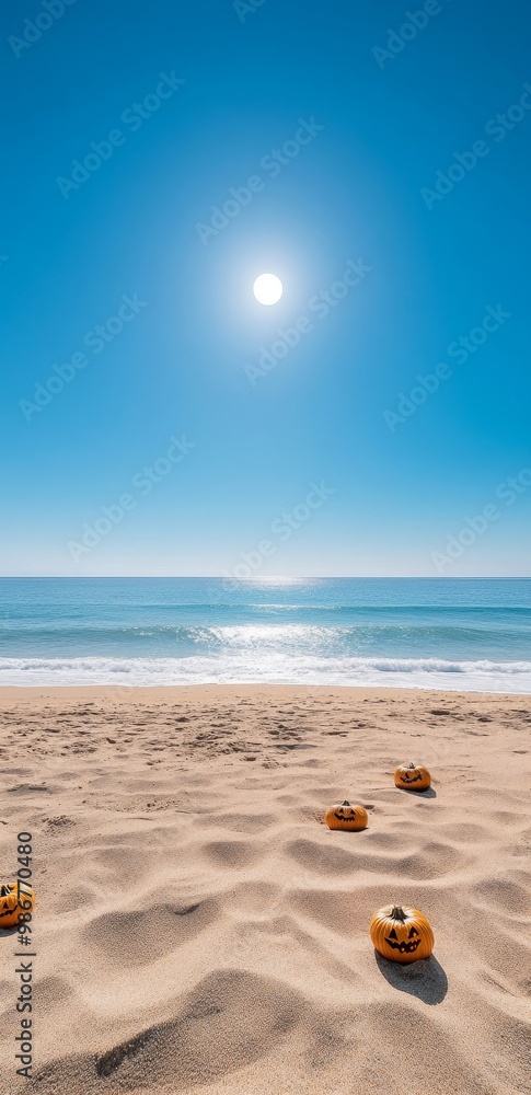Beach Scene with Pumpkin Decorations Under Bright Sunlight Beach Scene with Pumpkin Decorations Under Bright Sunlight