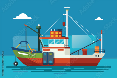 A colorful fishing boat engages in trawl fishing, navigating the calm coastal waters under a sunny sky, Customizable flat illustration of trawl fishing.