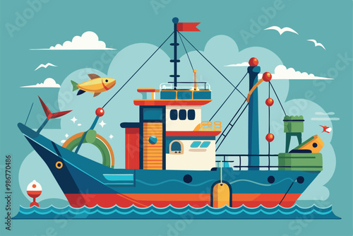 A colorful trawl fishing boat navigates calm waters, surrounded by clouds and seabirds, ready for fishing, Customizable flat illustration of trawl fishing.
