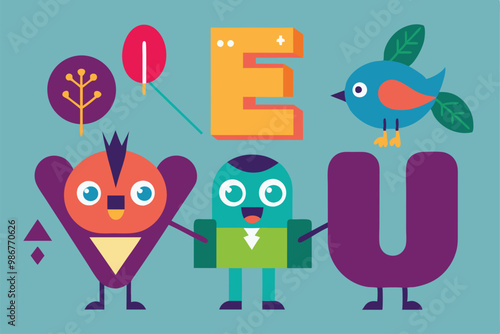 Colorful vowels are represented by fun characters and natural elements, creating an engaging design, Customizable flat illustration of vowels.