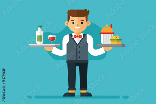 A waiter is skillfully balancing trays with drinks and appetizers, ready to serve customers, Customizable flat illustration of waiters