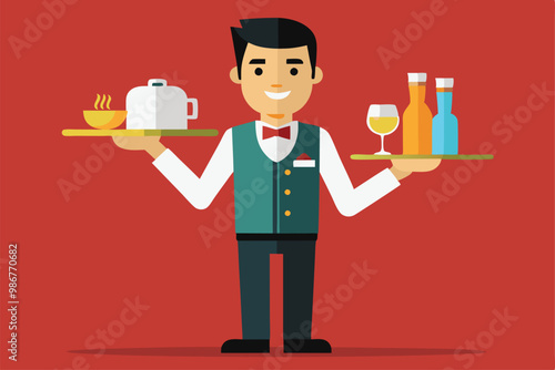 A waiter is cheerfully serving a plate of food and drinks to customers in a vibrant dining atmosphere, Customizable flat illustration of waiters