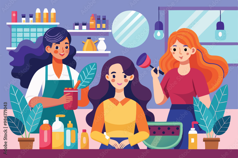 Three women are interacting in a lively salon environment as hair treatments take place, Customizable flat illustration of women in a hair salon. Three women are interacting in a lively salon environment as hair treatments take place, Customizable flat illustration of women in a hair salon.