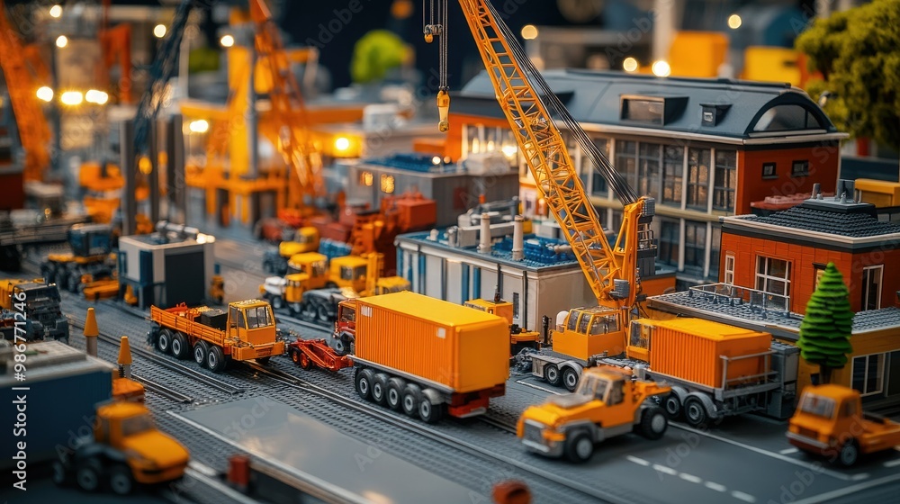 A vibrant miniature construction scene with cranes, trucks, and buildings, showcasing intricate details and lively colors. A vibrant miniature construction scene with cranes, trucks, and buildings, showcasing intricate details and lively colors.