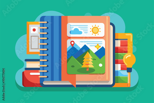 A vibrant flat illustration showcases a customizable photo album surrounded by creative supplies and design elements, Customizable flat illustration photo album