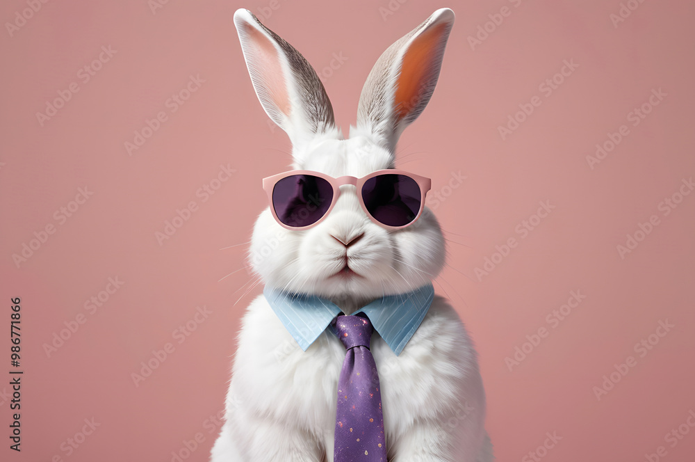 Easter bunny wearing a sunglass and a tie. Cute Rabbit Wearing sunglass for Easter Celebration, shades, Pink background Easter bunny wearing a sunglass and a tie. Cute Rabbit Wearing sunglass for Easter Celebration, shades, Pink background